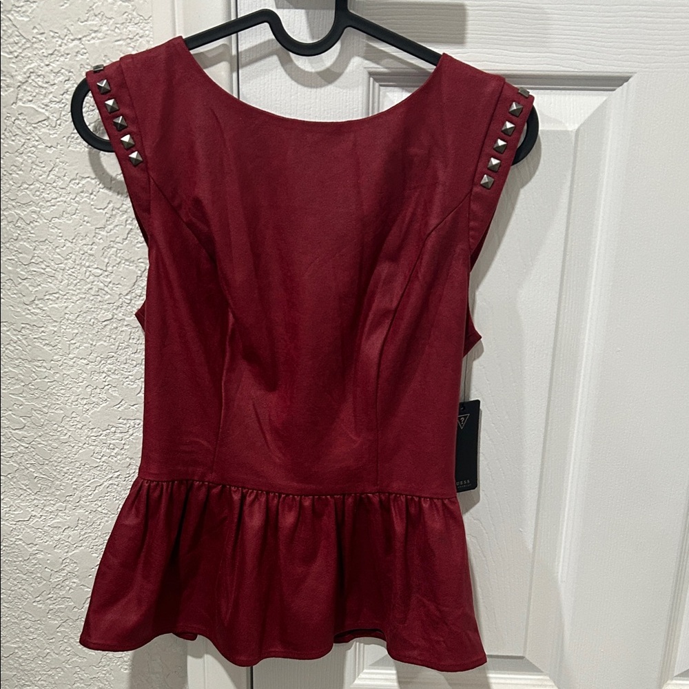 Guess Burgundy Peplum Top with Silver Studs